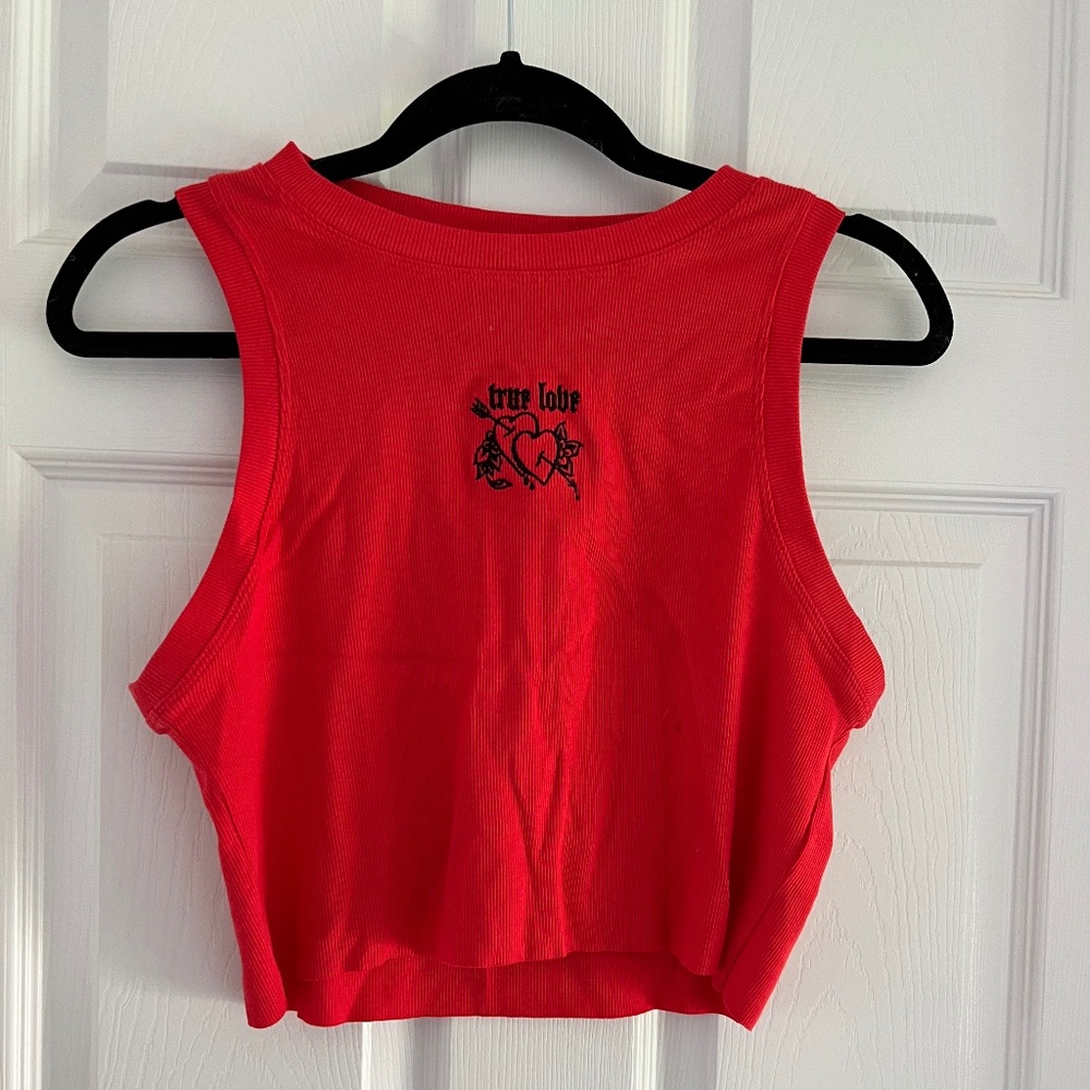 True Love Hearts Embroidered Red Crop Tank Top size M